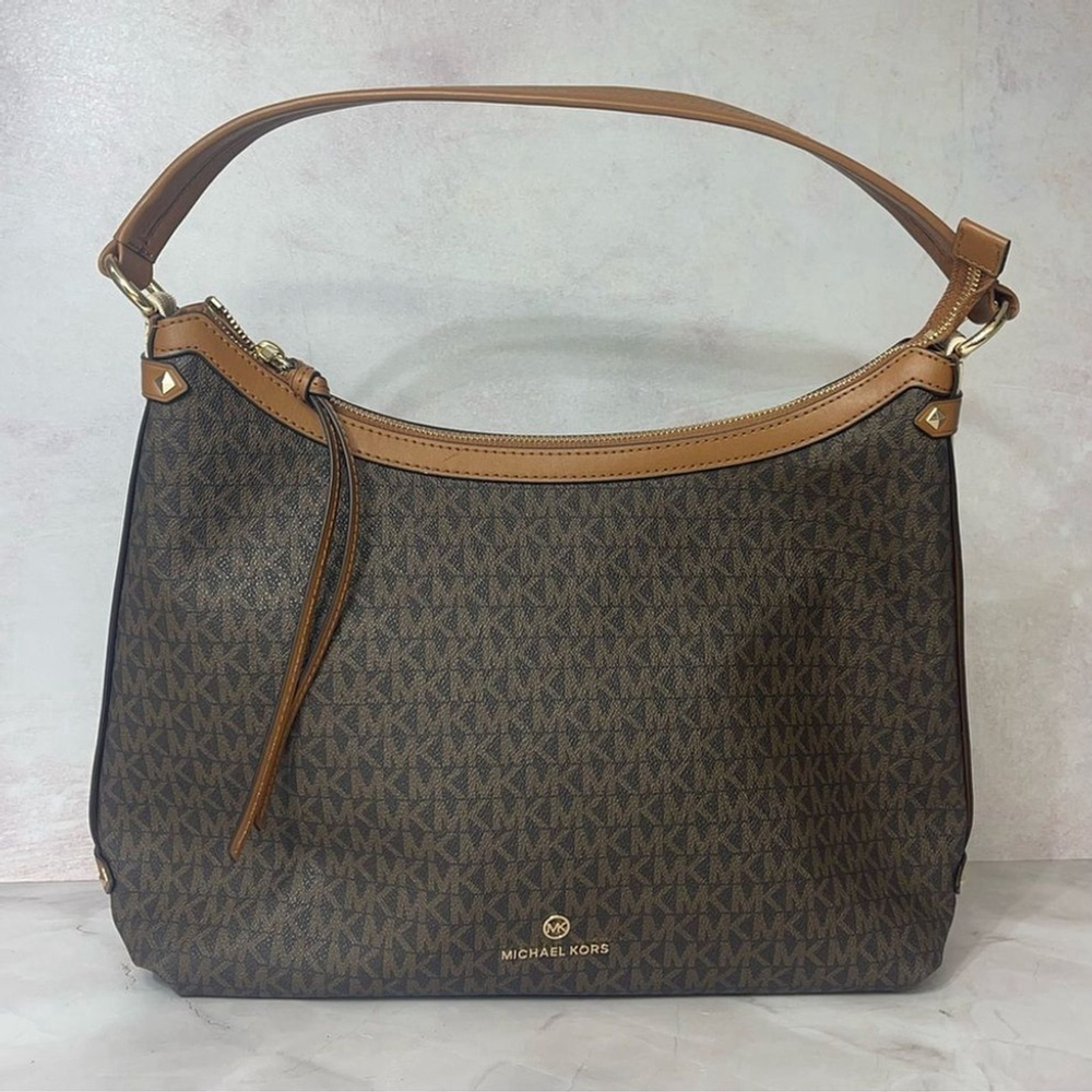 Michael Kors Maeve Signature Logo Hobo Shoulder Bag Brown - Picture 2 of 7